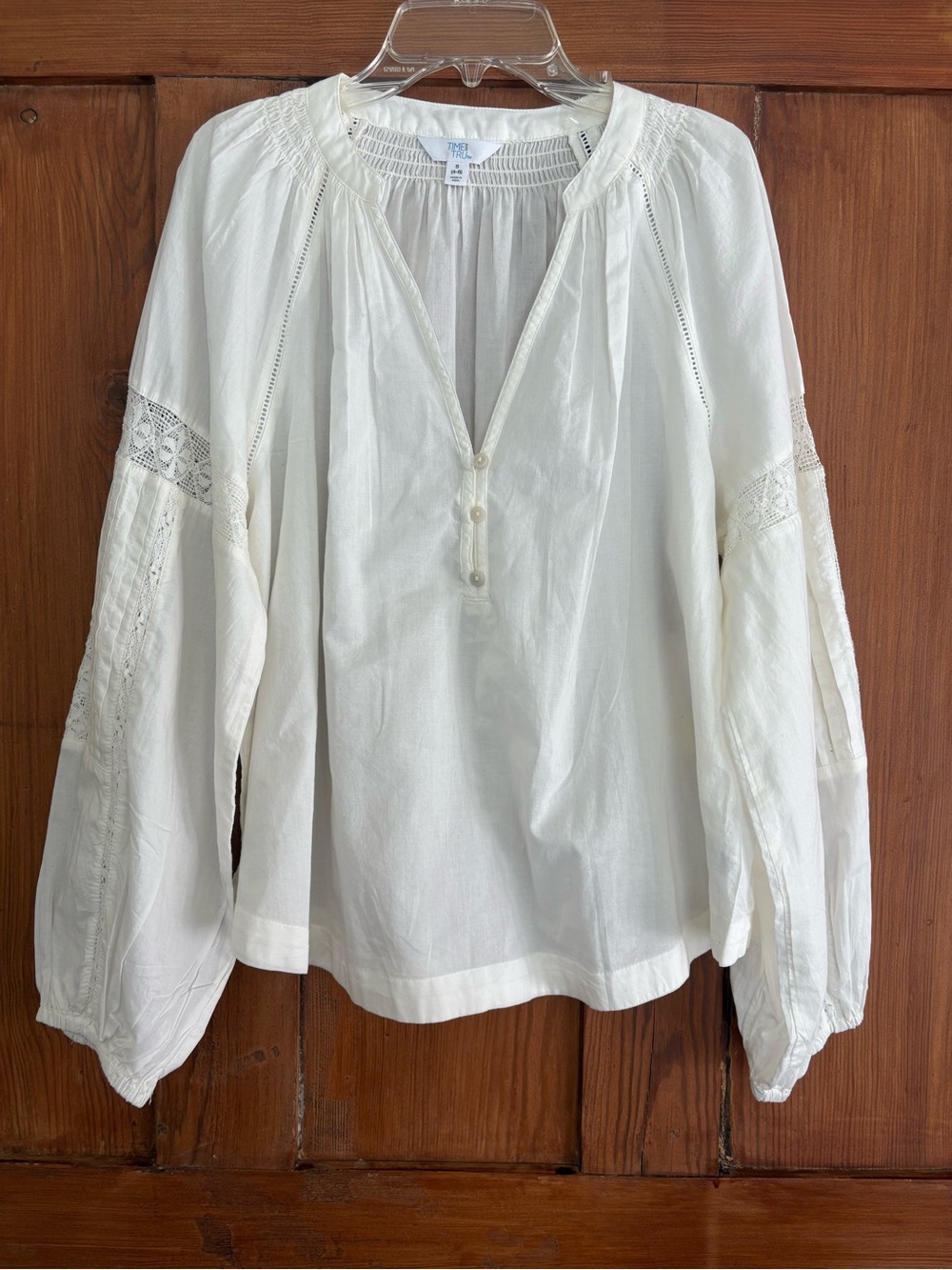 NWT Time and Tru White Peasant Blouse Cotton Lace Insets Smocked S
